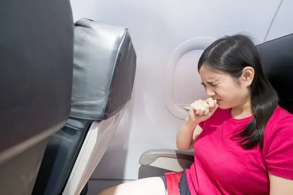 Middle Aged Woman Coughing Airplane — Stock Photo, Image