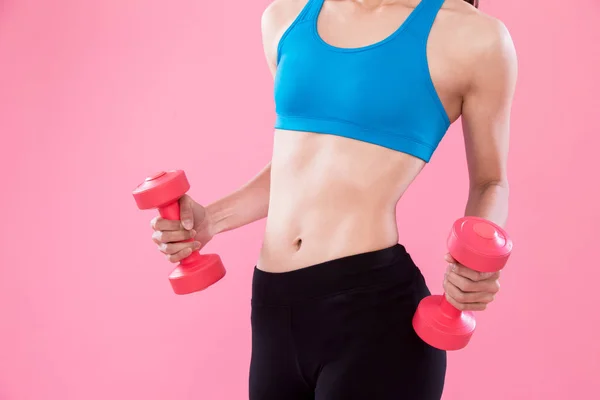 Beauty Sport Woman Dumbbells Pink Background — Stock Photo, Image