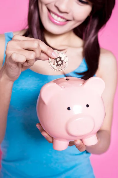 Woman Piggy Bank Bitcoin Pink Background — Stock Photo, Image