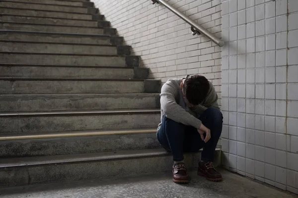 Depressed Man Feelinf Upset Sitting Underground — Stock Photo, Image