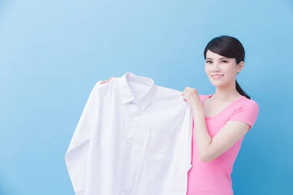 Housewife Holding Clean Shirt Blue Background — Stock Photo, Image