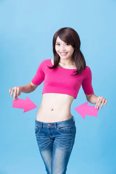 Woman Arrows Showing Her Waist Blue Background — Stock Photo, Image