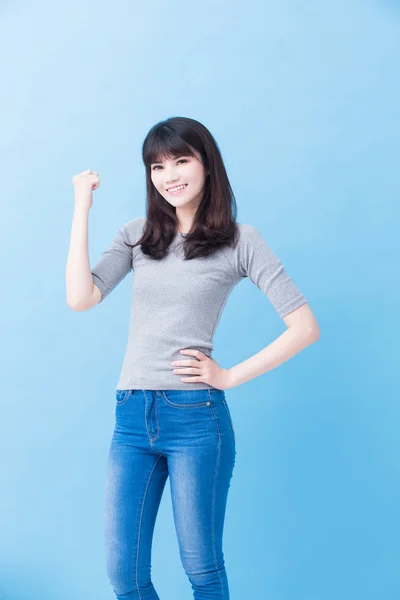 Young Woman Student Feeling Excited Blue Background — Stock Photo, Image