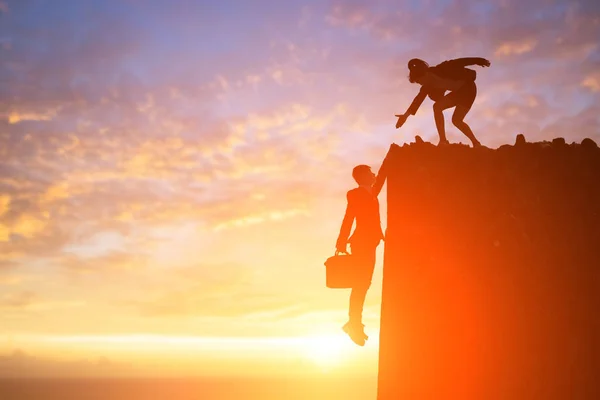 Silhouette Woman Helping Businessman Dangerous Problem — Stock Photo, Image