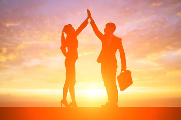 Silhouette Business People High Five Sunset — Stock Photo, Image