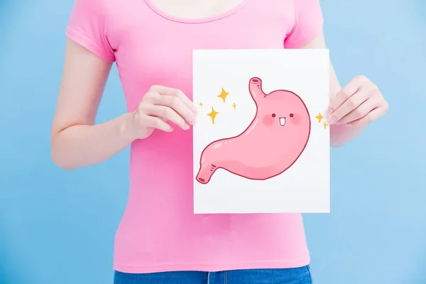 Woman Healthy Stomach Billboard Blue Background — Stock Photo, Image