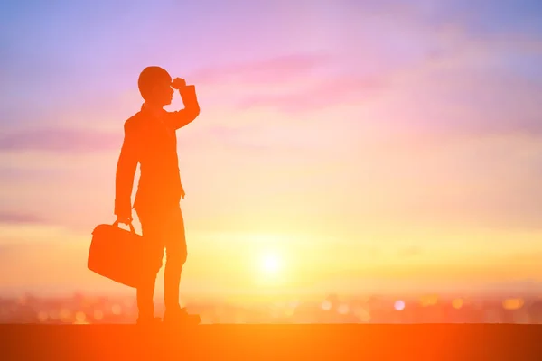Silhouette Business Man Looking Somewhere Sunset — Stock Photo, Image