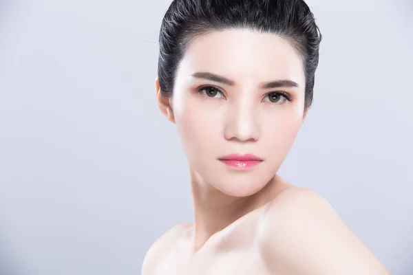 Woman Posing Beauty Skin Care Concept Gray Background — Stock Photo, Image