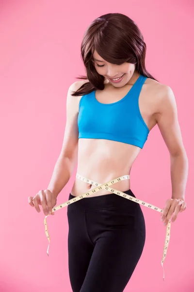 Woman Measuring Waist Tape Pink Background — Stock Photo, Image