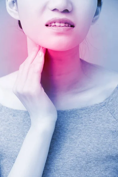 Women Thyroid Gland Problem Grey Background — Stock Photo, Image