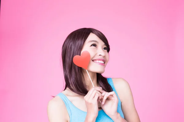 Woman Holding Red Love Heart Pink Background — Stock Photo, Image