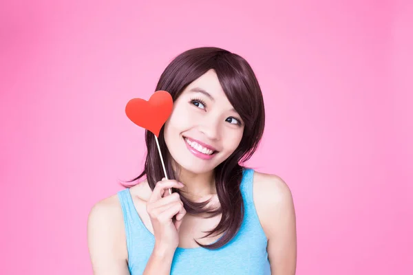 Woman Holding Red Love Heart Pink Background — Stock Photo, Image