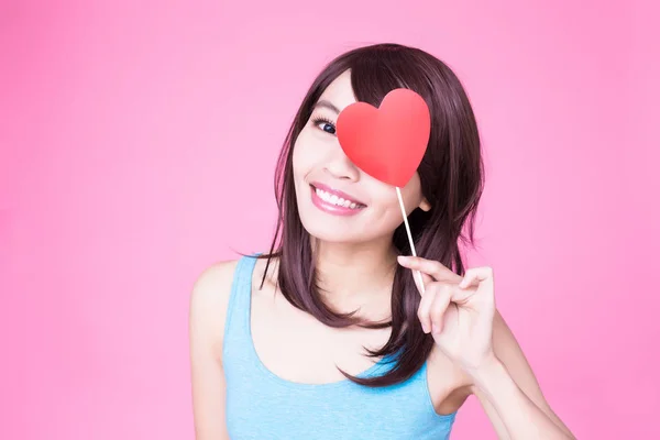 Woman Holding Red Love Heart Eyes Pink Background — Stock Photo, Image