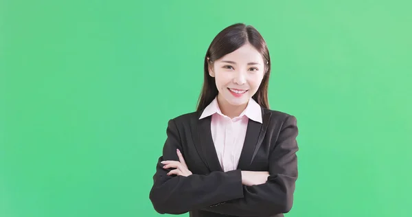 Business Woman Smiling You Green Background — стоковое фото