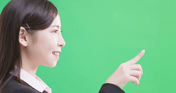 Business Woman Touching Something Green Background — стоковое фото