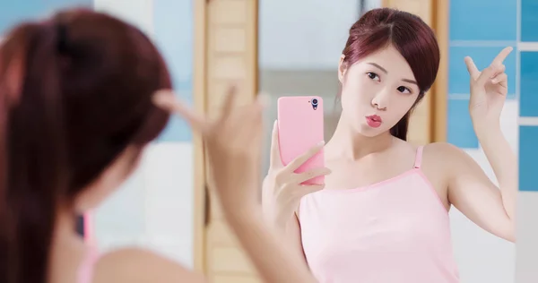Beauty Woman Taking Selfie Happily Bathroom — Stock Photo, Image