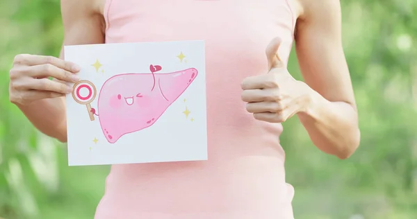 Mujer Con Cartelera Estómago Saludable Con Fondo Verde —  Fotos de Stock