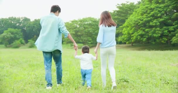 Jeunes parents marchant avec un enfant — Video