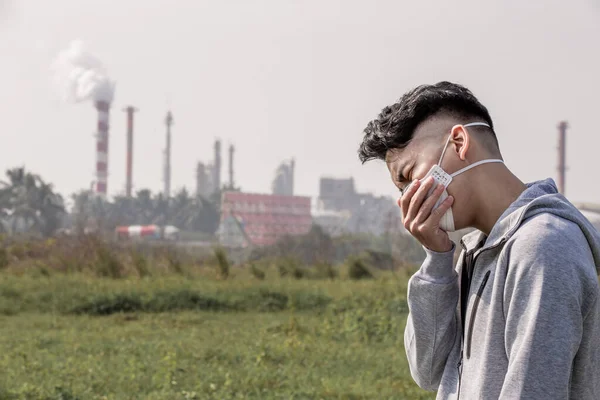 Hombre Asiático Tose Lleva Máscara Protectora N95 Porque Contaminación Del — Foto de Stock