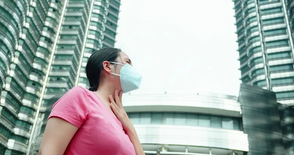 Asian Woman Feel Sore Throat Wears Protective Face Mask Because — Stock Photo, Image