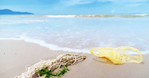 Disposable Plastic Bag Waste Garbage Beautiful Beach — Stock Photo, Image