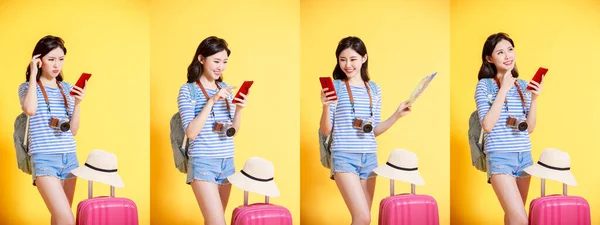 Travel Woman Take Luggage Case Use Phone Front Yellow Background — Stock Photo, Image