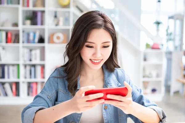 Asian Girl Student Use Mobile Phone Play Game Happily — Stock Photo, Image