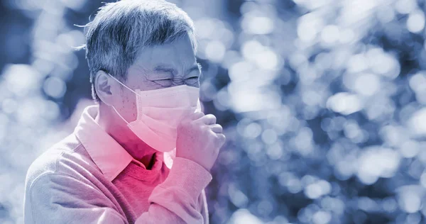Old Asian Man Wear Mask Cough Outdoor Because Transmissible Infectious — Stock Photo, Image