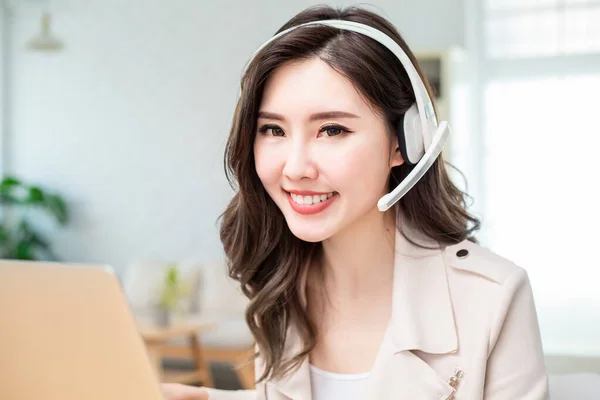 Smiling Young Asian Woman Looking Camera Wear Headphone Microphone Concept — Stock Photo, Image