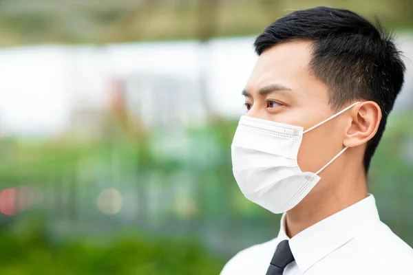 Asian Business Man Look Think Something Surgical Mask Face Protection — Stock Photo, Image