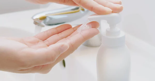 Close Woman Hands Pushing Pump White Plastic Soap Bottle Prevent — Stock Photo, Image