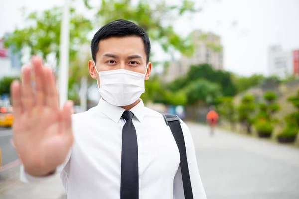 Asian Business Man Show Stop Gesture Surgical Face Mask City — Stock Photo, Image