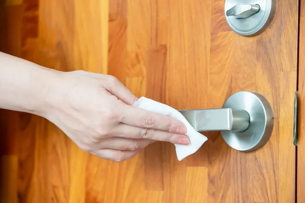 Coronavirus Covid Prevention Woman Wiping Doorknob Touching Surfaces Antibacterial Disinfecting — Stock Photo, Image