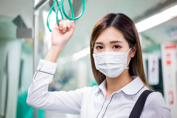 Asian business woman with surgical mask face protection and keep social distance while commuting in the metro or train