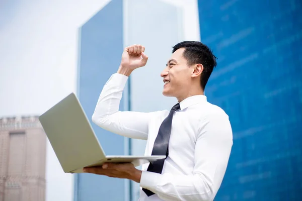 Successful Asian Business Man Feel Excited While Looking Laptop — Stock Photo, Image