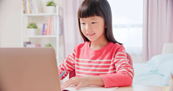 Девушка Студентка Использовать Ноутбук Иметь Линии Класса Счастливо Дома — стоковое фото