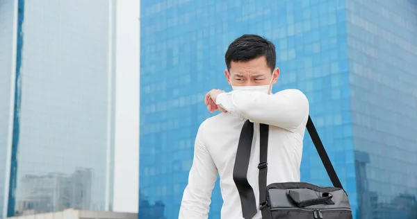 Asian Business Man Cough Elbow Surgical Face Mask Protection — Stock Photo, Image