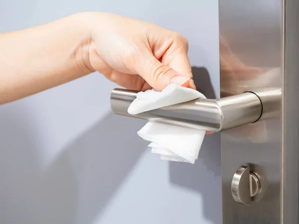 Coronavirus Covid Prevention Woman Wiping Doorknob Touching Surfaces Antibacterial Disinfecting — Stock Photo, Image