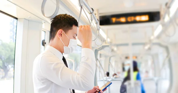 Asian Business Man Use Smartphone Surgical Mask Face Protection Keep — Stock Photo, Image