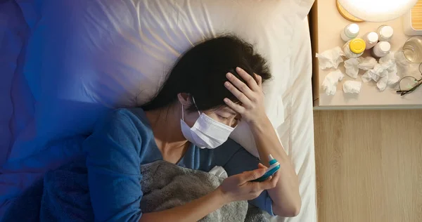 Overhead View Asian Woman Get Sick Has Fever Face Mask — Stockfoto