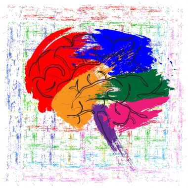 Fırça darbeleri çok renkli bir boya ile şeklinde temsil bir insan beyni. Soyutlama, illüstrasyon