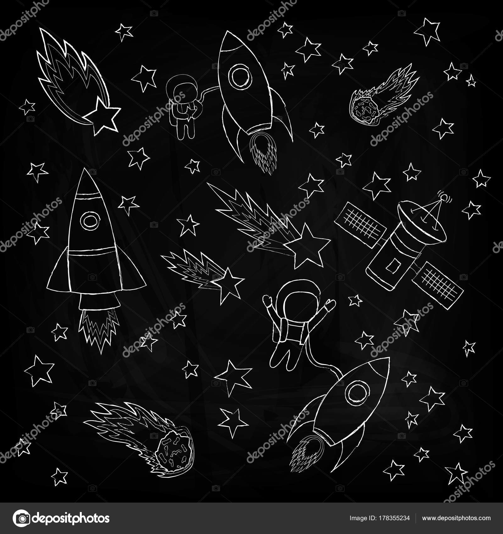 stars meteorites rockets astronaut satellites drawing sketch vector