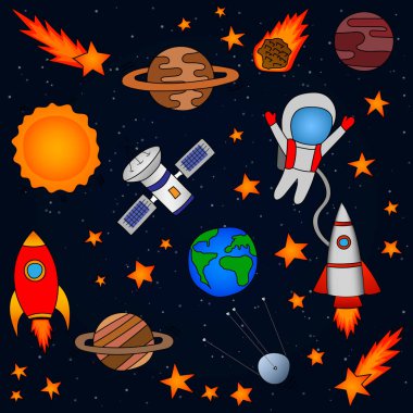 Çok renkli gezegenler, dünya, yıldız ve göktaşları, bir roket ve astronot, uydular. Vektör çizim. Şablonu temel alan Tema