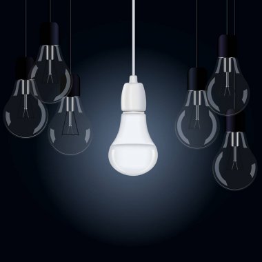 A vector image is an included energy-saving lamp among several turned off lamps clipart