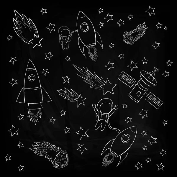 Αστέρια Και Μετεωρίτες Μια Ρουκέτες Και Αστροναύτης Δορυφόρους Σχέδιο Σκίτσο — Διανυσματικό Αρχείο