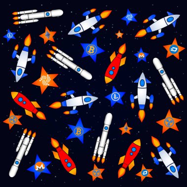 Uzay aracı, yıldız şeklinde sunulan cryptocurrency arasında uçan renkli boyalı modelleri kümesi. En iyi Kripto para birimi, vektör çizim