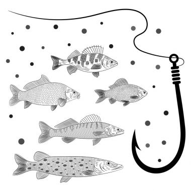 Resimde bir nehir balık Tema. Pike ayarla, pikeperch, sazan, crucian sazan, levrek, misina ve balık kanca. Kroki, vektör çizim.