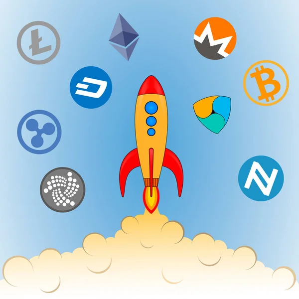 The launch of a space rocket. Fire and exhaust fumes. Icons of the most popular crypto currency, symbolize the growth of value.