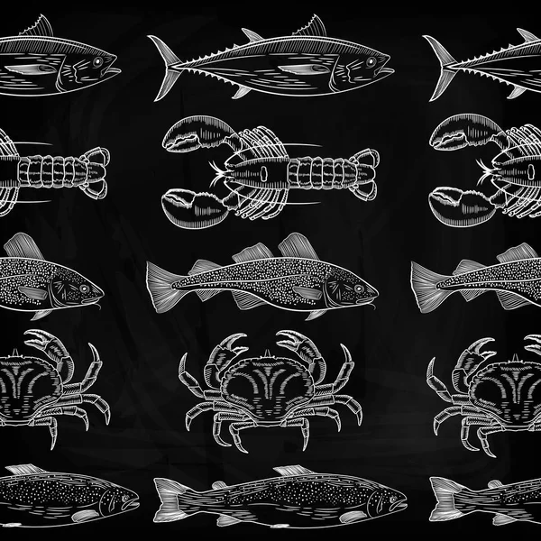 그린된 물고기와 새우의 패턴입니다 고등어 랍스터 개체는 동시에 있습니다 일러스트 — 스톡 벡터
