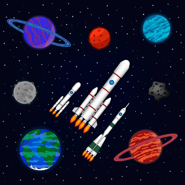 三艘太空飞船在星际空间飞行 太空飞船 主题空间上的矢量插图 — 图库矢量图片